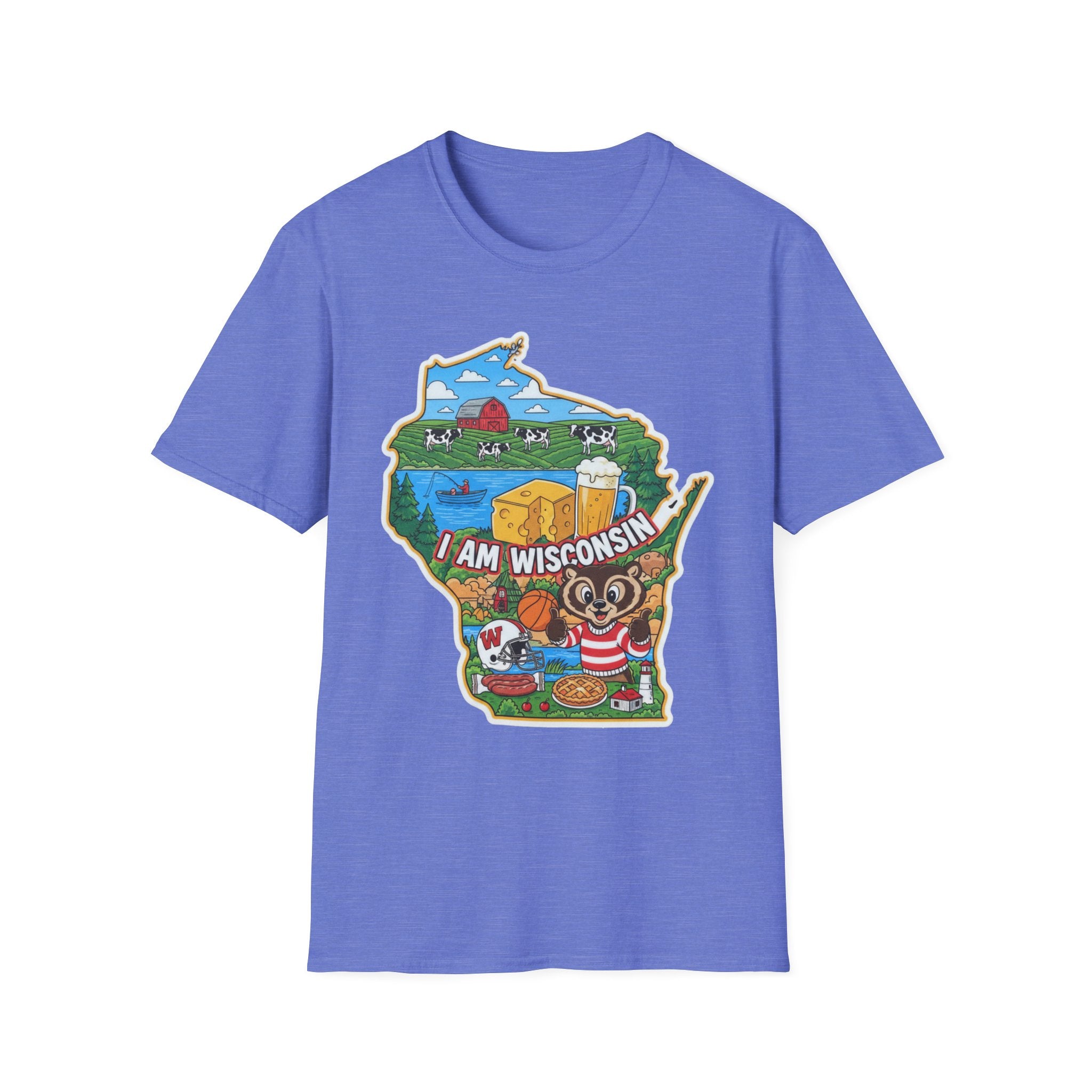 Heather Royal Blue T-shirt with Wisconsin map graphic, cheese and badger mascot