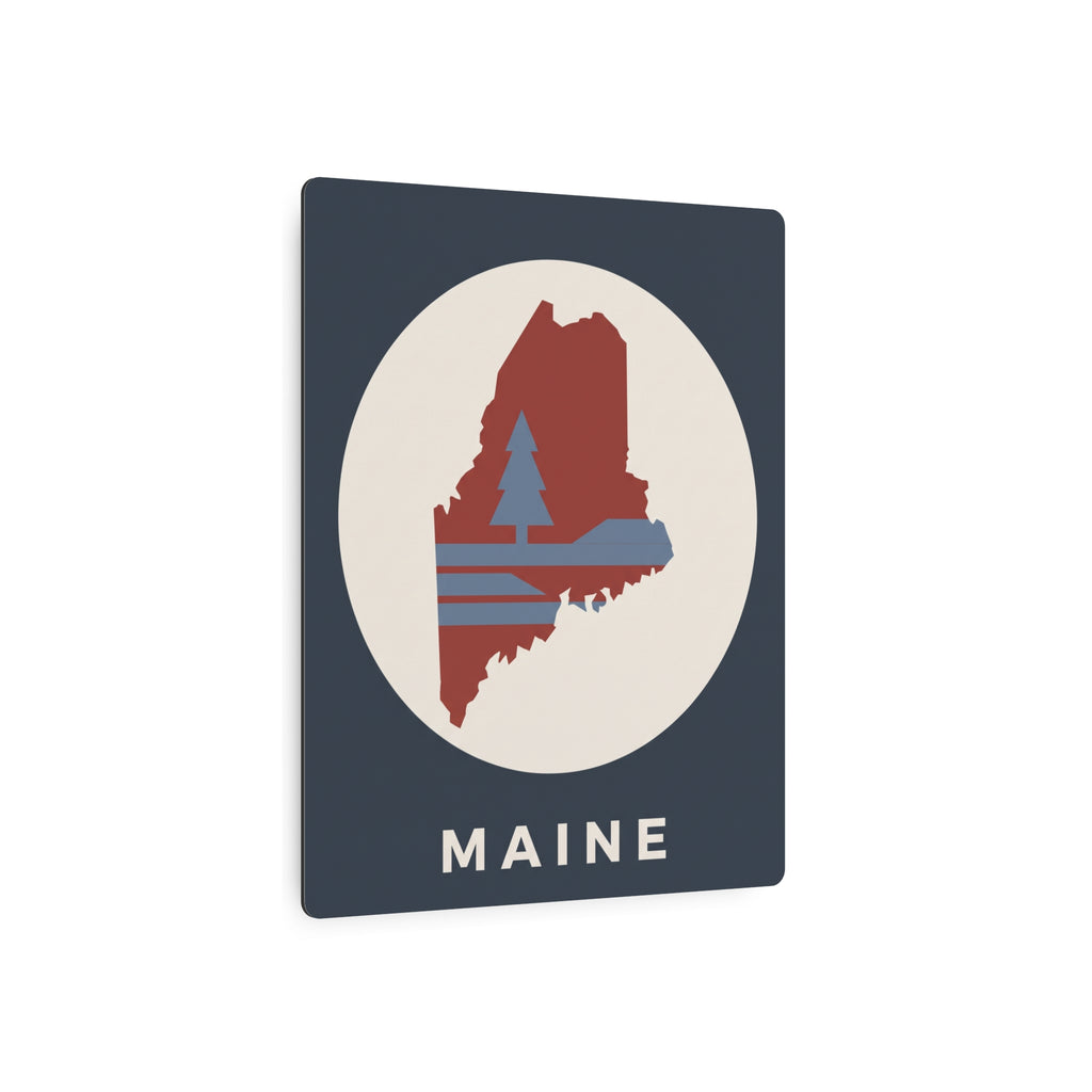 Maine state silhouette metal art sign with oval pine tree graphic and “MAINE”
