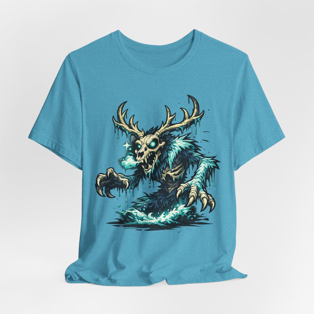 Teal unisex crewneck T-shirt with glowing skull deer monster front print.