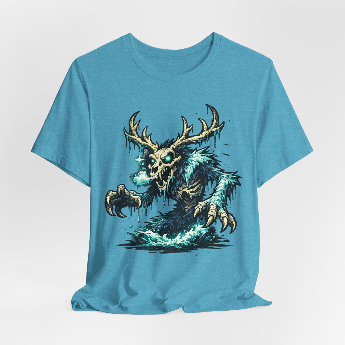 Teal unisex crewneck T-shirt with glowing skull deer monster front print.