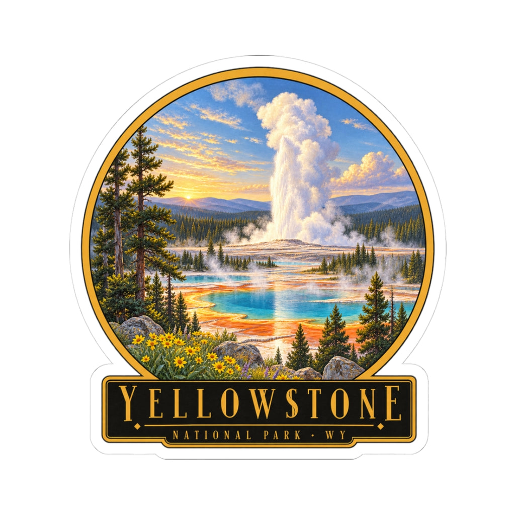 Yellowstone geyser landscape vinyl sticker, oval photo with black banner text
