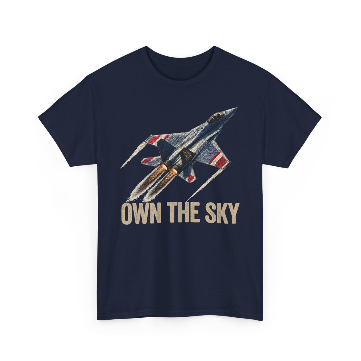 Navy blue T-shirt with fighter jet graphic and "OWN THE SKY" text on front