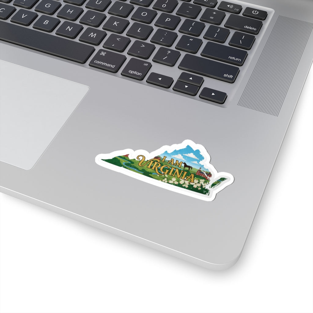 I Am Virginia sticker on laptop, die-cut white outline with illustrated landscape