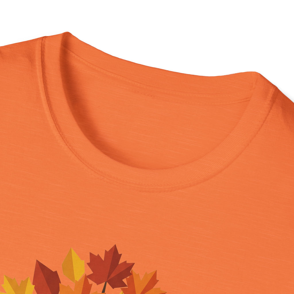 Autumn Maple Tree T-Shirt, orange crew neck; partial autumn leaves graphic