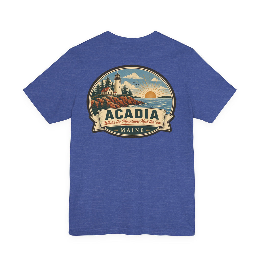 Royal blue Acadia lighthouse graphic t-shirt with large round emblem on chest