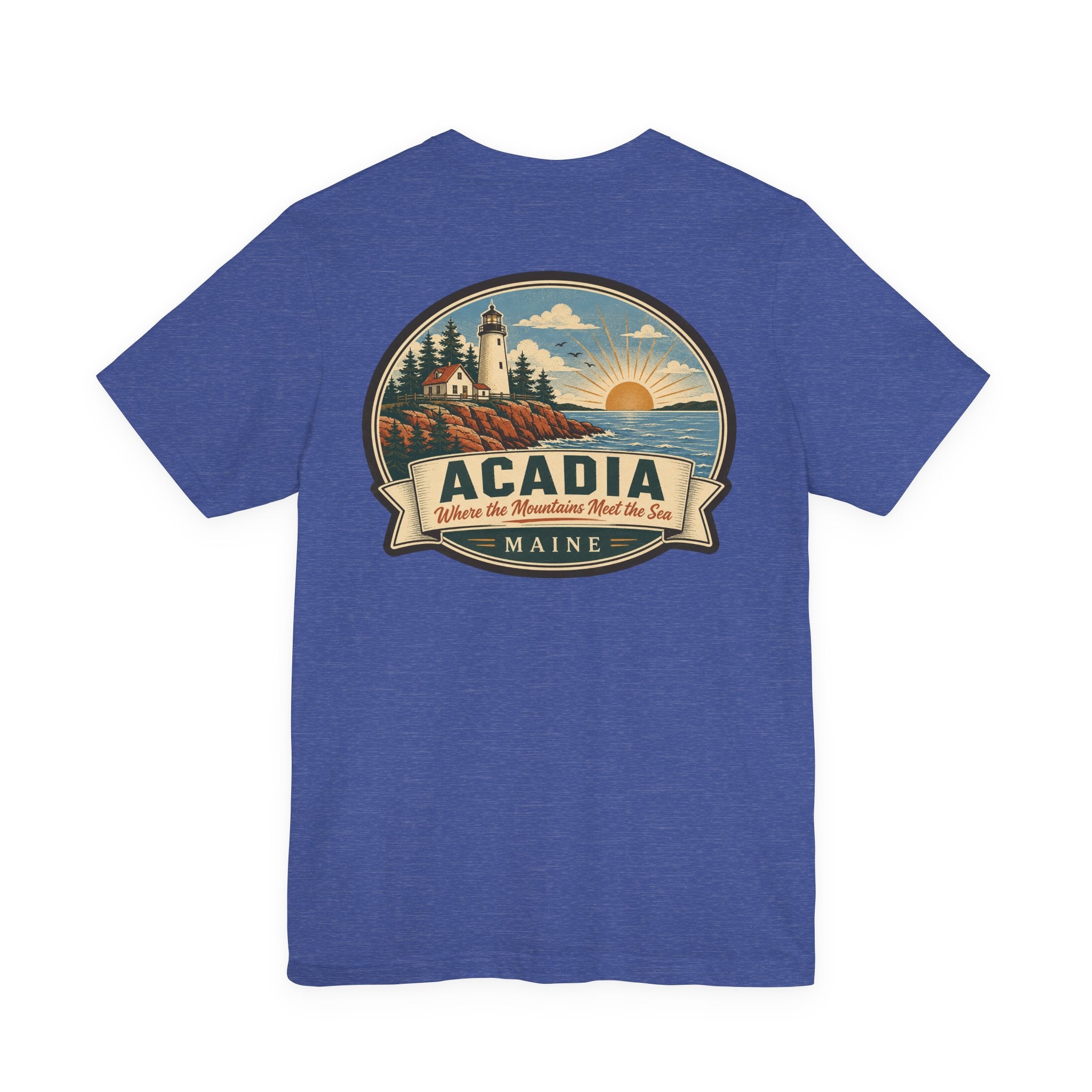 Royal blue Acadia lighthouse graphic t-shirt with large round emblem on chest