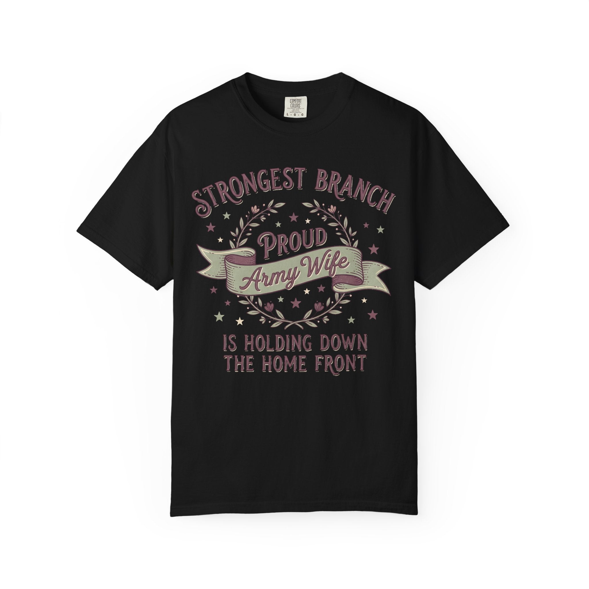 Army wife slogan T-shirt in black with Strongest Branch graphic