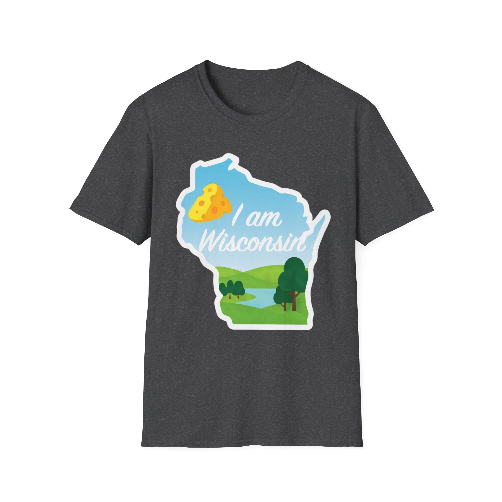 Graphite heather T-shirt with Wisconsin outline graphic, cheese & landscape, “I am Wisconsin”