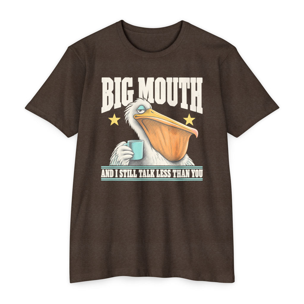 Brown T-shirt with pelican-and-coffee cup graphic and 'BIG MOUTH' text