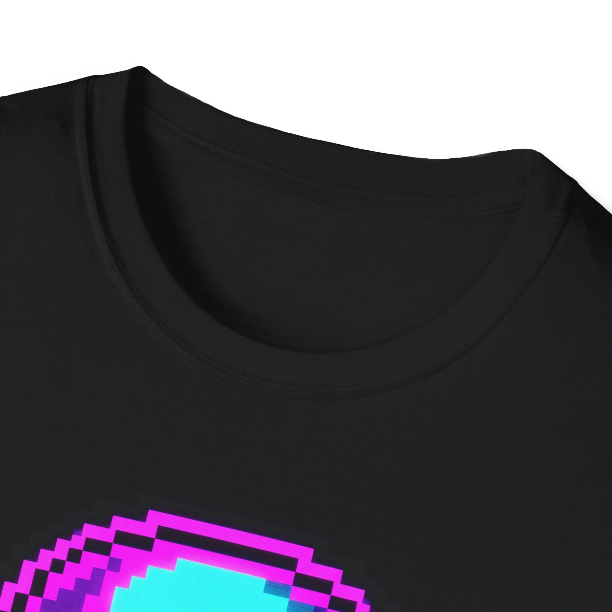 Black T-shirt neckline close-up with partial colorful pixel skull graphic