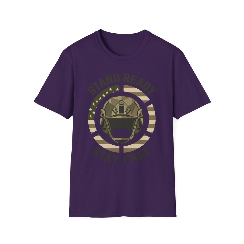 Dark purple crew-neck military helmet graphic t-shirt with circular “Stand Ready Stay Free” print