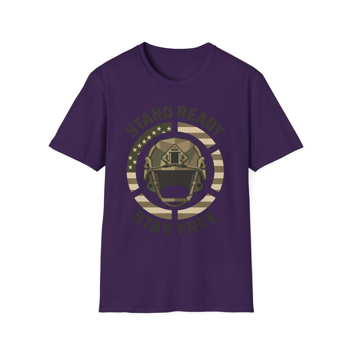 Dark purple crew-neck military helmet graphic t-shirt with circular “Stand Ready Stay Free” print