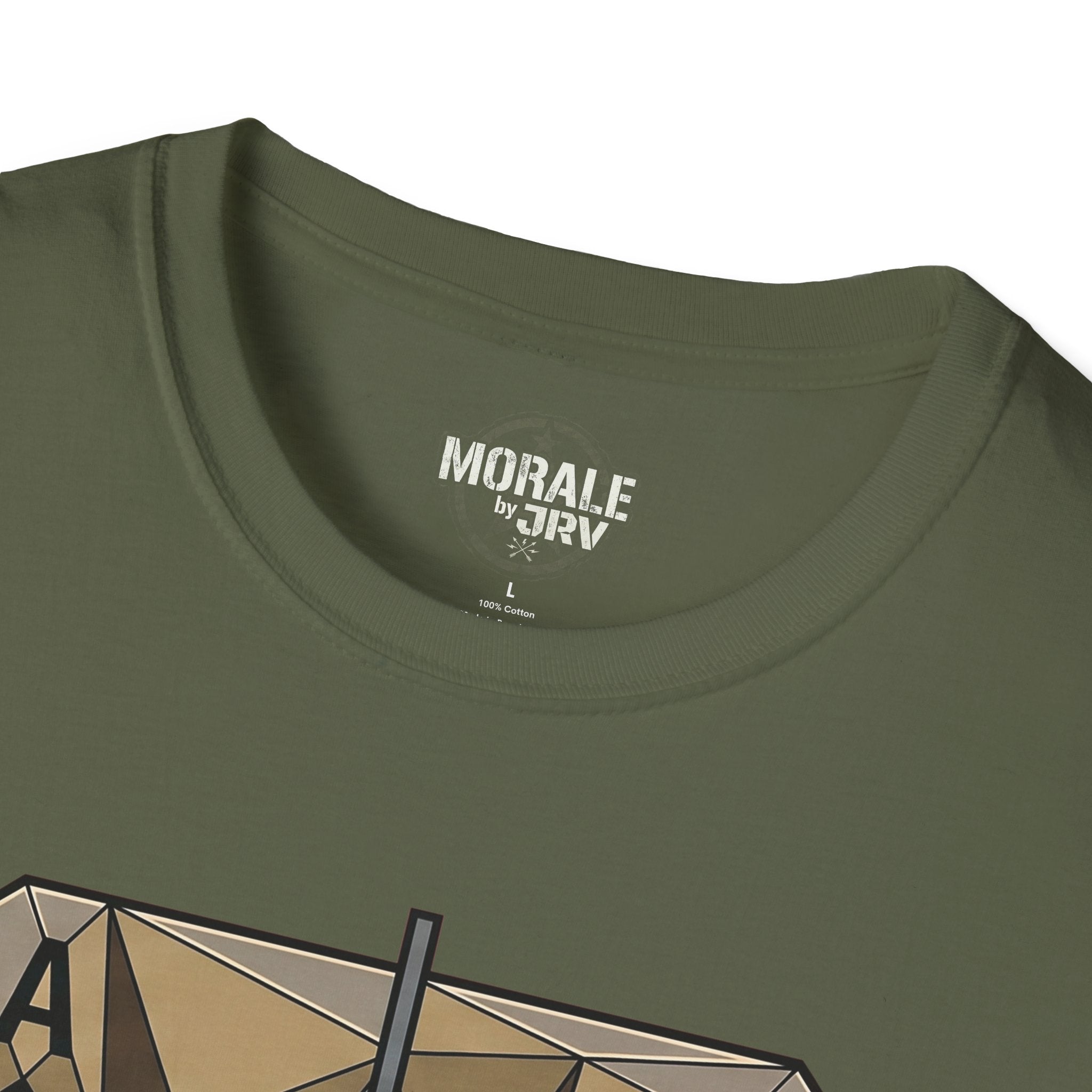 Olive T-shirt with “MORALE by JTRI” chest logo, crew neck