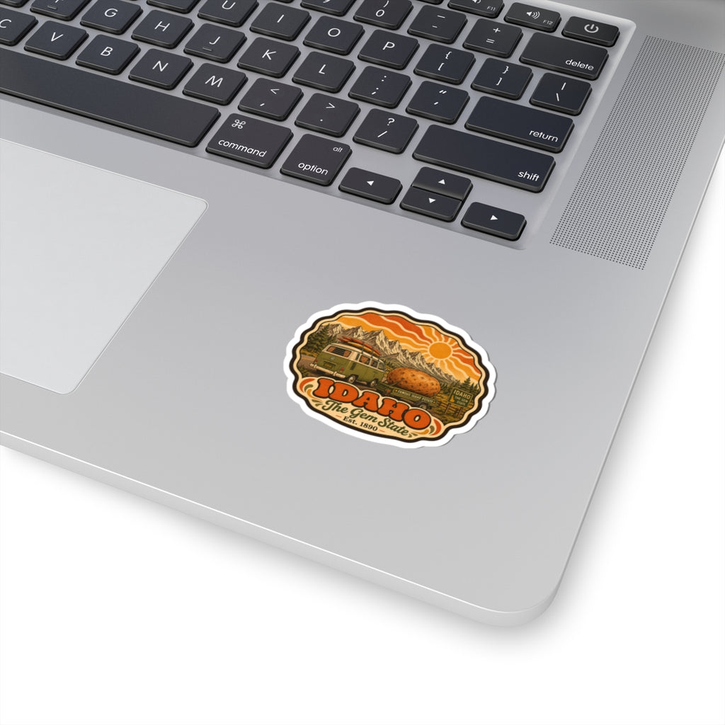 Idaho potato roadtrip vintage sticker with orange mountain graphic, die-cut