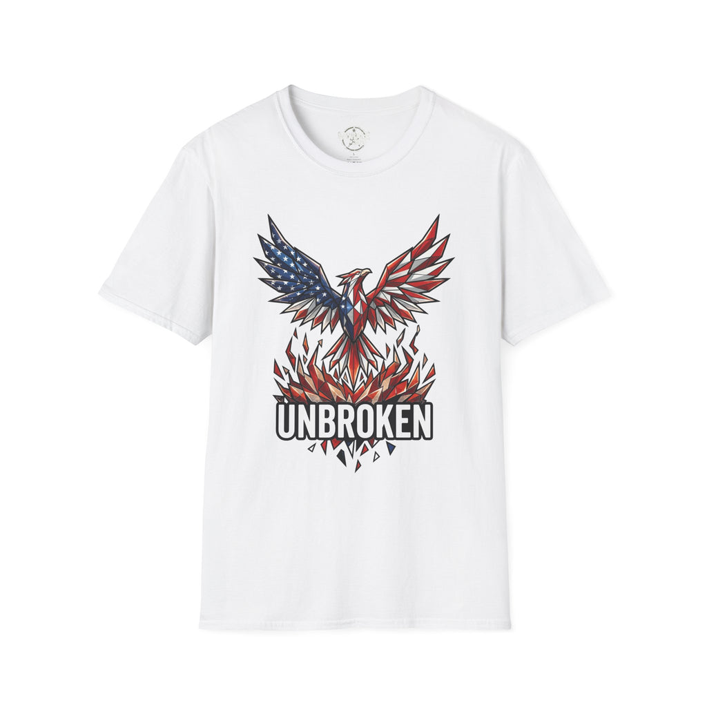 White T-shirt with "UNBROKEN" eagle phoenix graphic and American flag wing design
