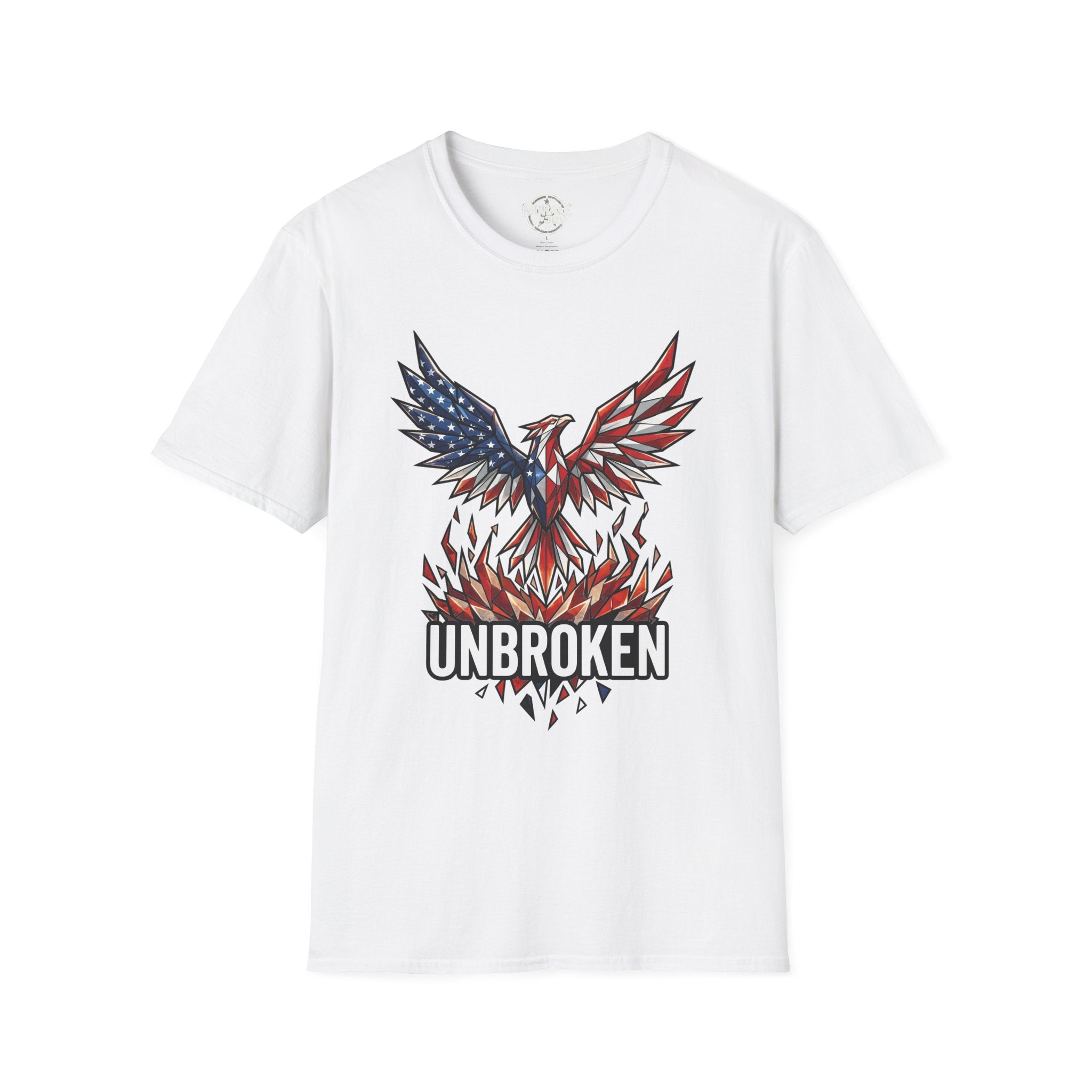 White T-shirt with "UNBROKEN" eagle phoenix graphic and American flag wing design