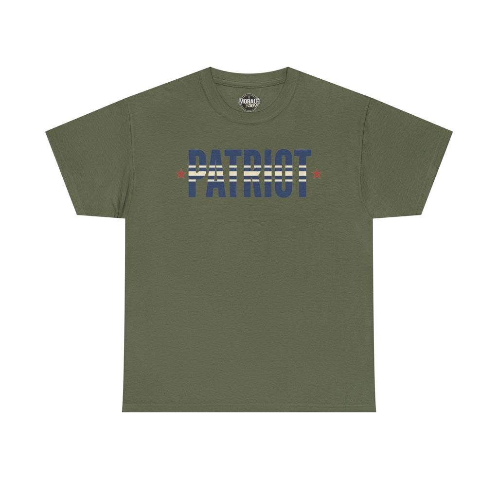 Patriot graphic t-shirt, olive green crewneck with blue 'PATRIOT' and red stars