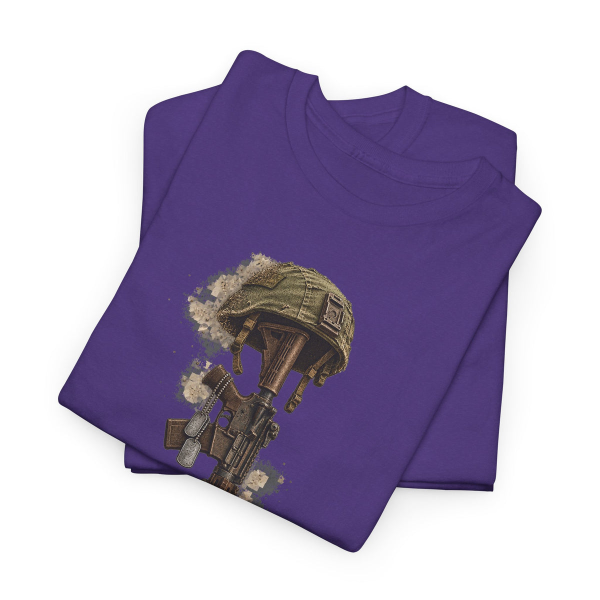 Purple crewneck t-shirt with fallen soldier helmet and boots graphic