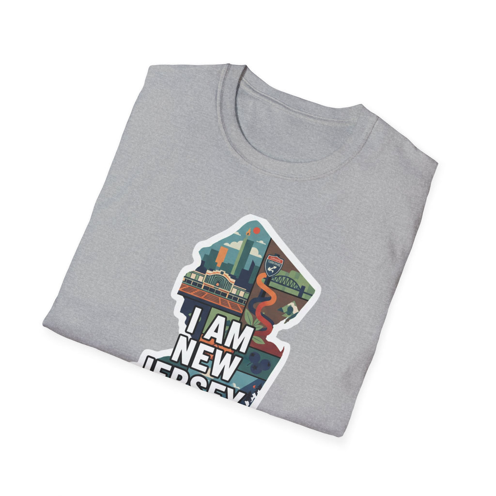 New Jersey map T-shirt, heather gray crew-neck with colorful New Jersey graphic