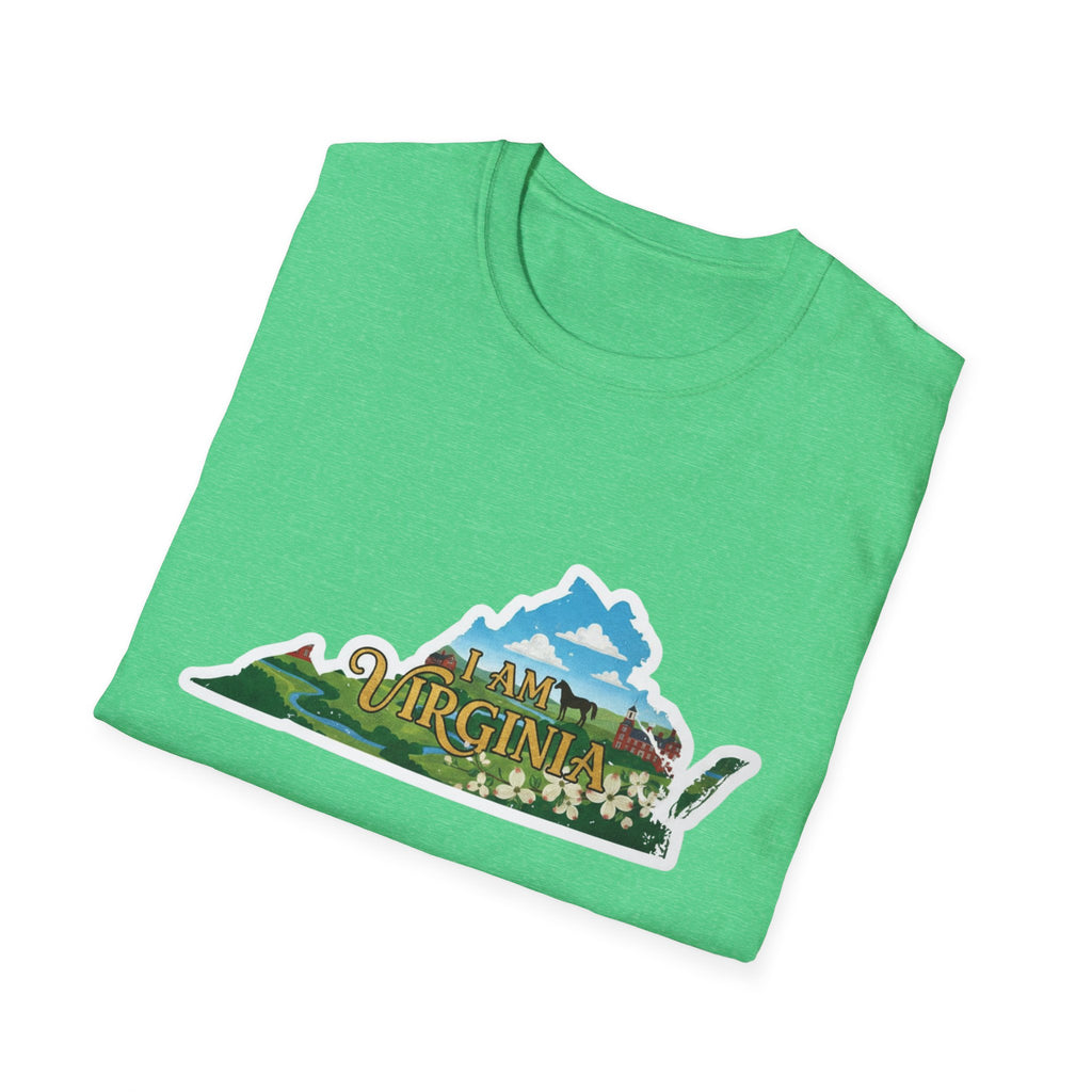 Green t-shirt with Virginia scenic graphic and coastal icon design