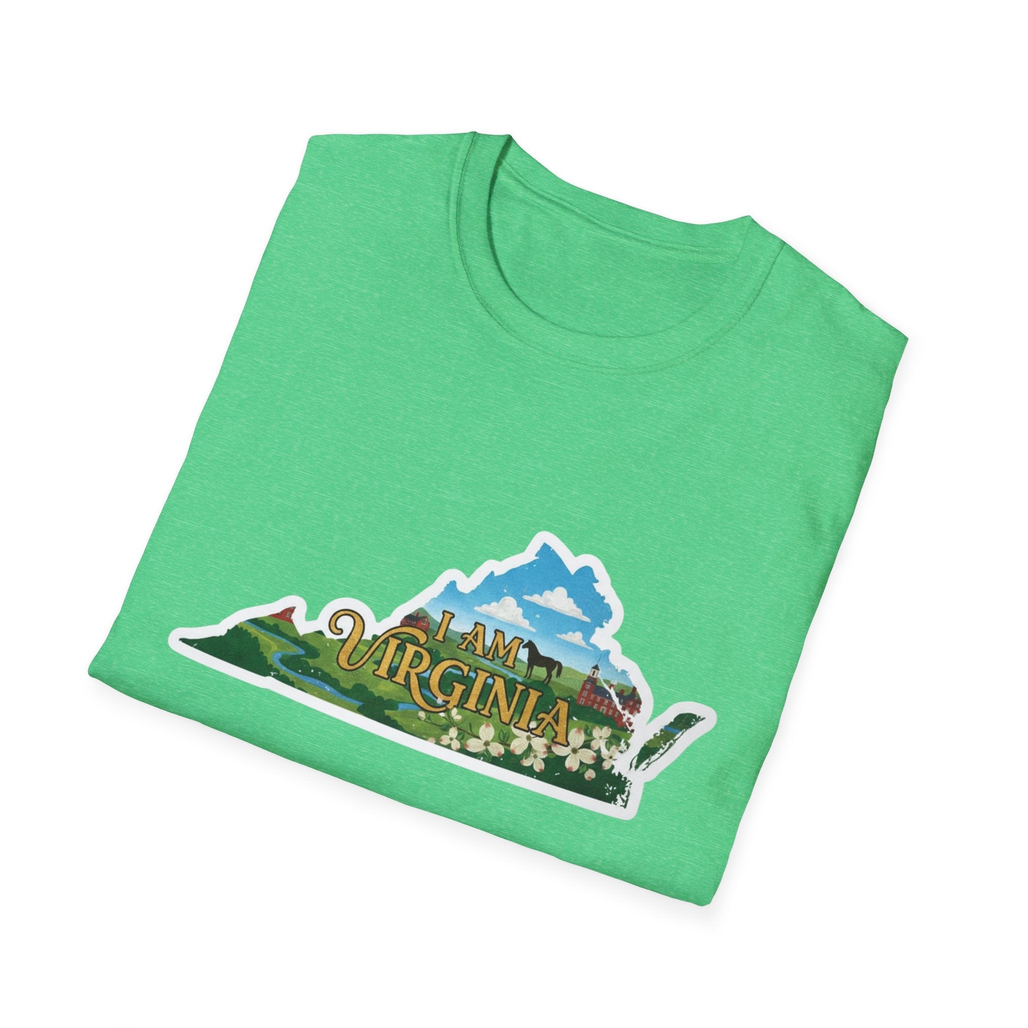 Green t-shirt with Virginia scenic graphic and coastal icon design