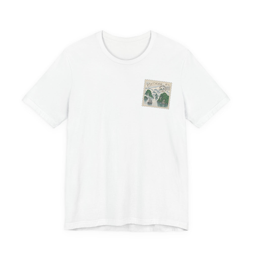 White travel t-shirt with small vintage postage stamp-style Ha Long Bay graphic on chest.