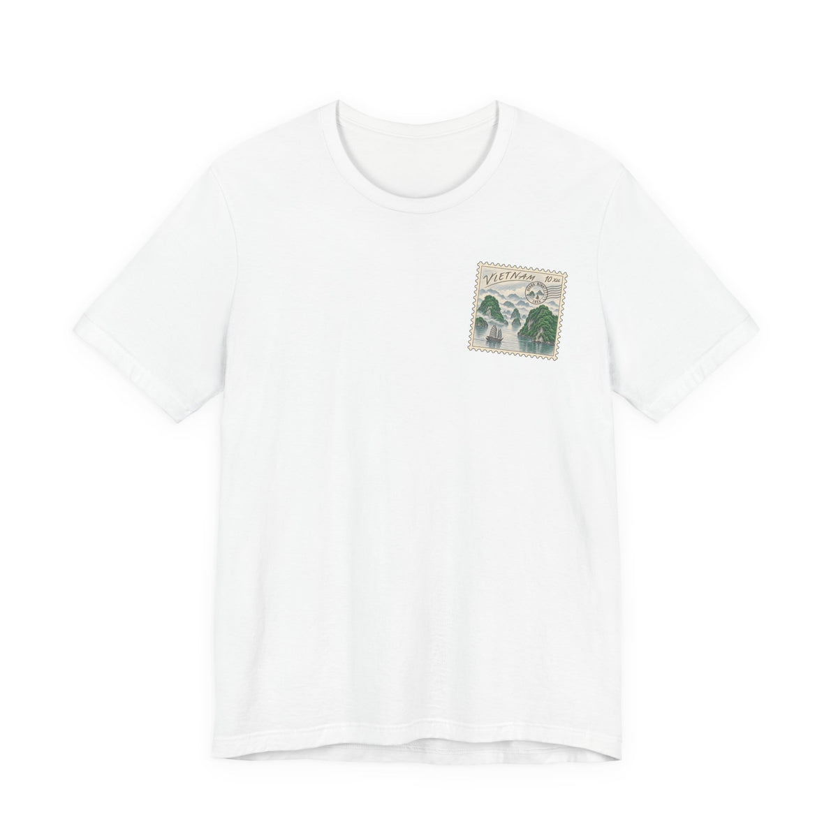 White travel t-shirt with small vintage postage stamp-style Ha Long Bay graphic on chest.