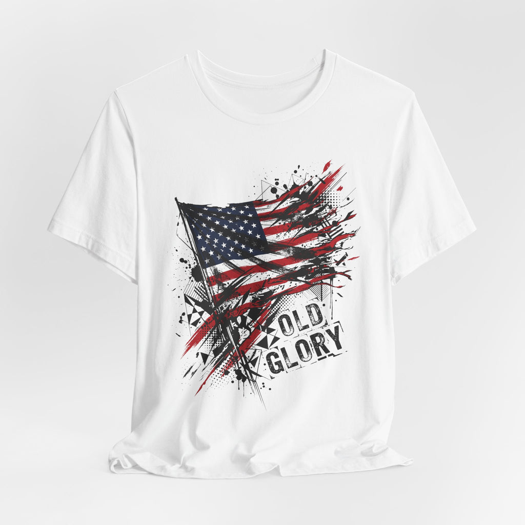 White distressed American flag t-shirt, crew neck, splatter 'Old Glory' front graphic.
