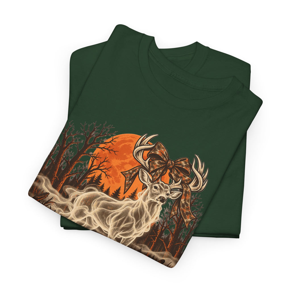 Halloween graphic t-shirt in forest green with ghost buck hunting graphic and smoke