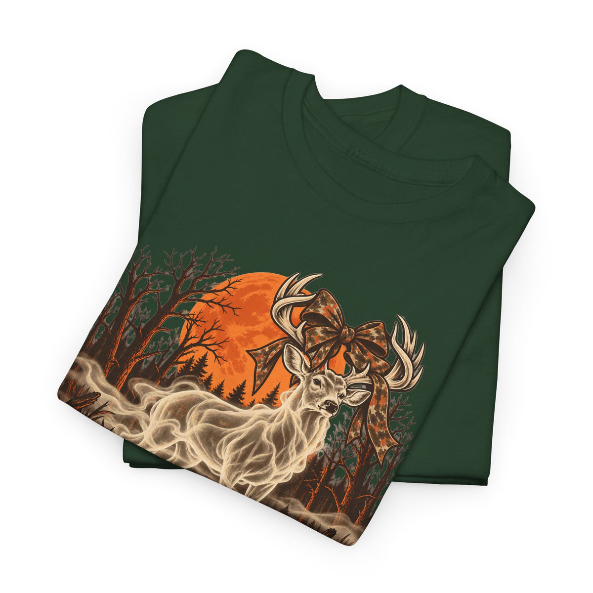 Halloween graphic t-shirt in forest green with ghost buck hunting graphic and smoke