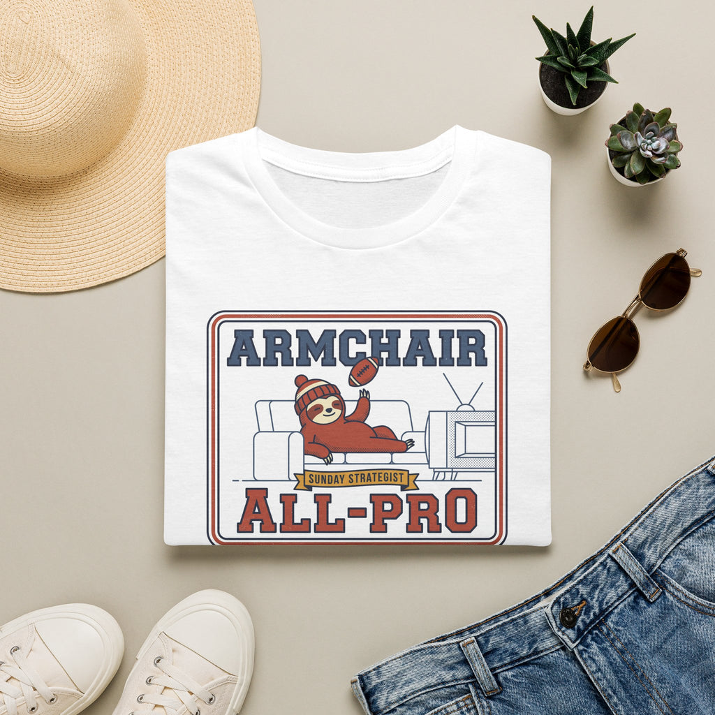 Funny sloth graphic football T-shirt in white, “Armchair All-Pro” print