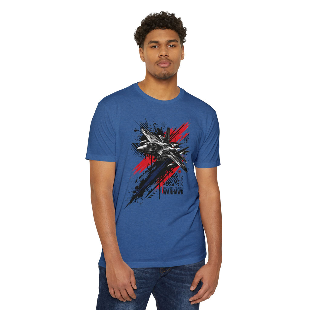 Blue crewneck T-shirt with jet graphic and red/black paint splatter.