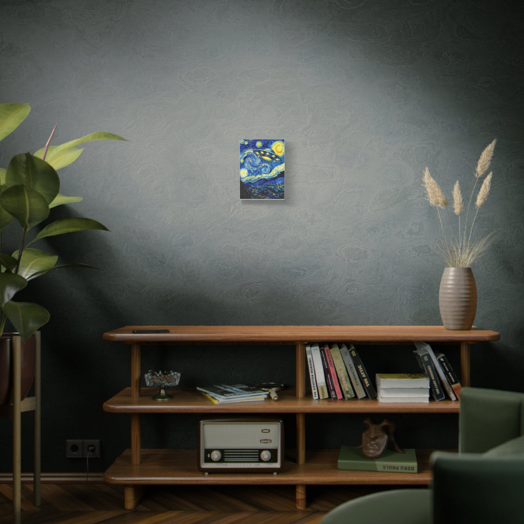 Starry UFO canvas wall art, small square with yellow moons, blue waves, and glowing UFO