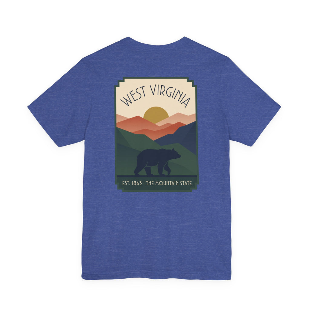 Heather royal blue T-shirt with West Virginia bear and mountain graphic on the front.