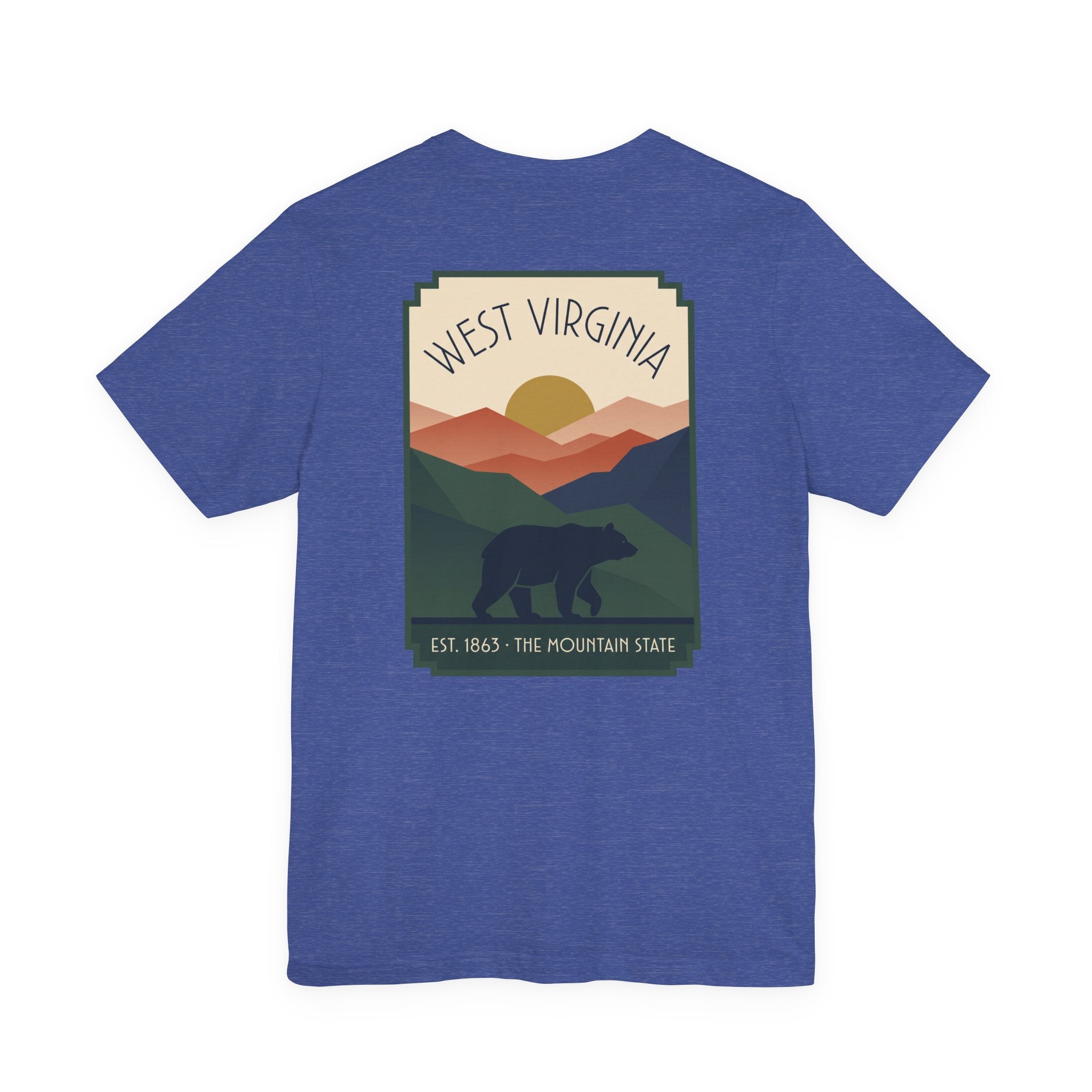 Heather royal blue T-shirt with West Virginia bear and mountain graphic on the front.