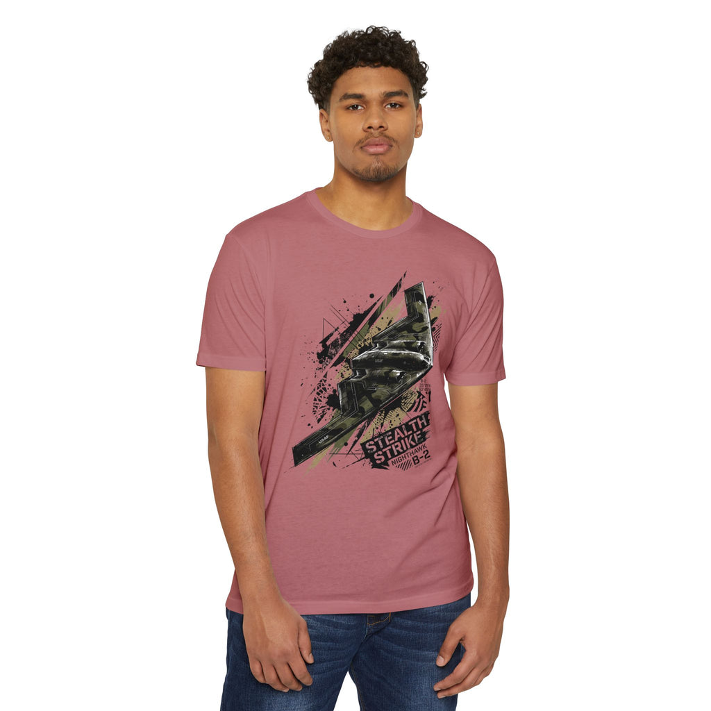 Pink crewneck T-shirt with B-2 bomber aircraft graphic on chest