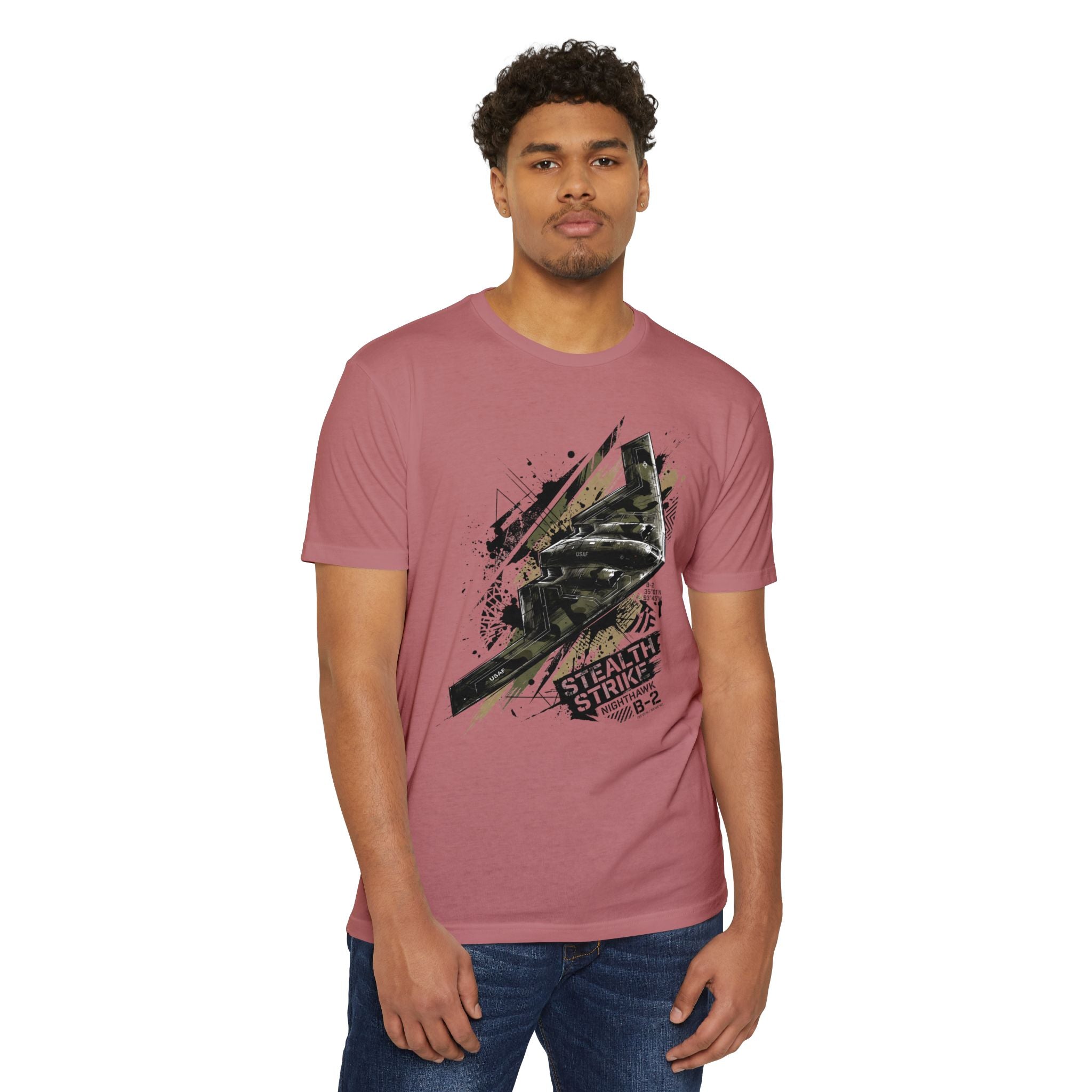 Pink crewneck T-shirt with B-2 bomber aircraft graphic on chest