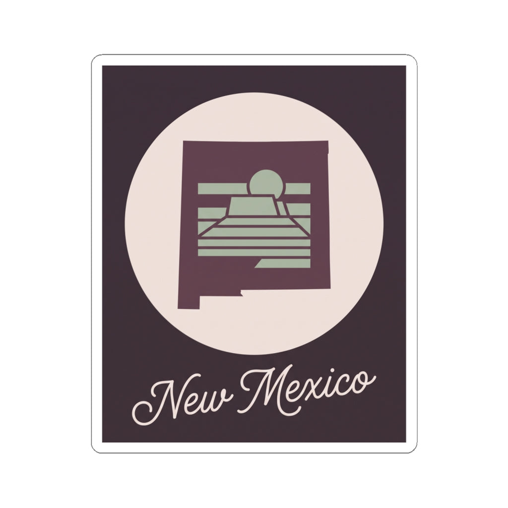New Mexico sticker decal with circular desert landscape, sunrise, and cursive “New Mexico” text