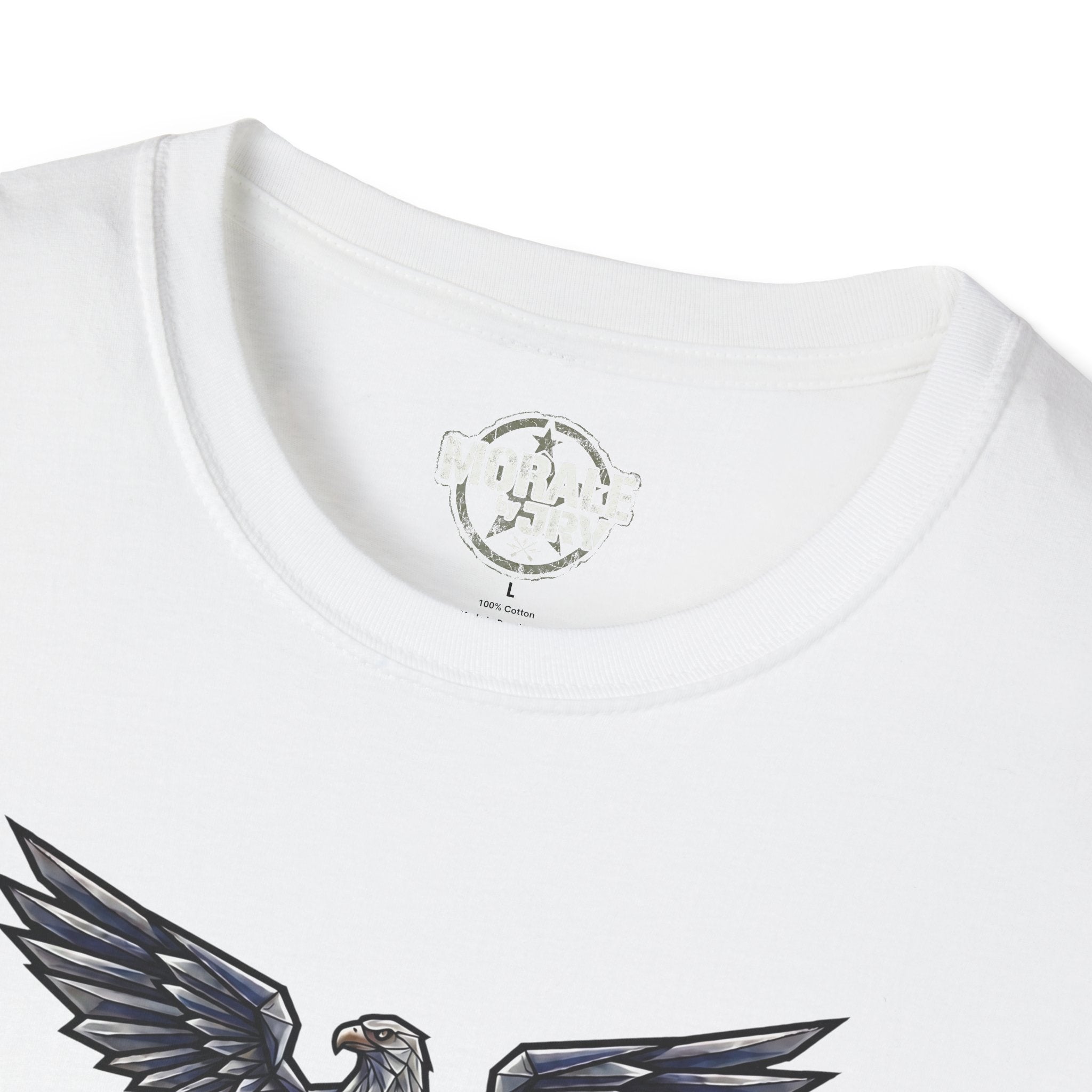 White T-shirt neckline close-up with small back neck logo print