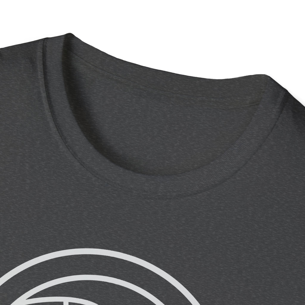 Dark gray crewneck T-shirt with white circular patriotic graphic, partial view