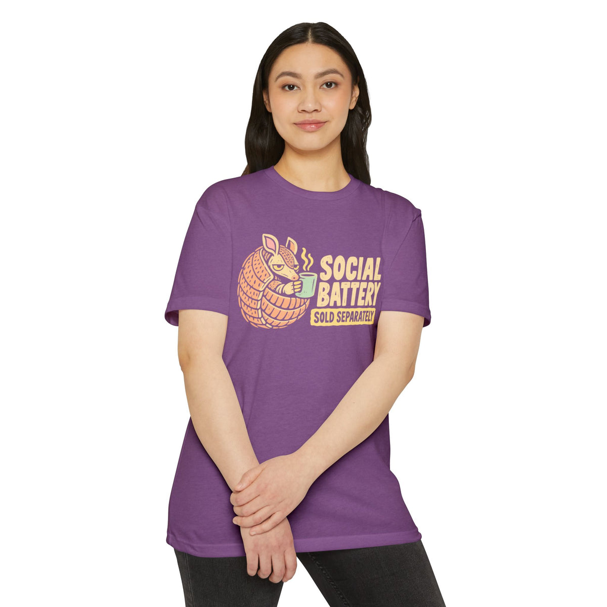 Purple crew-neck t-shirt with armadillo “Social Battery” graphic on the chest