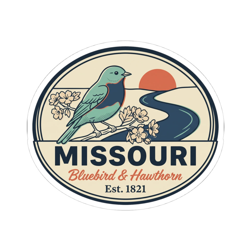 Round Missouri sticker with bluebird, hawthorn flowers, and Est. 1821 in vintage badge design