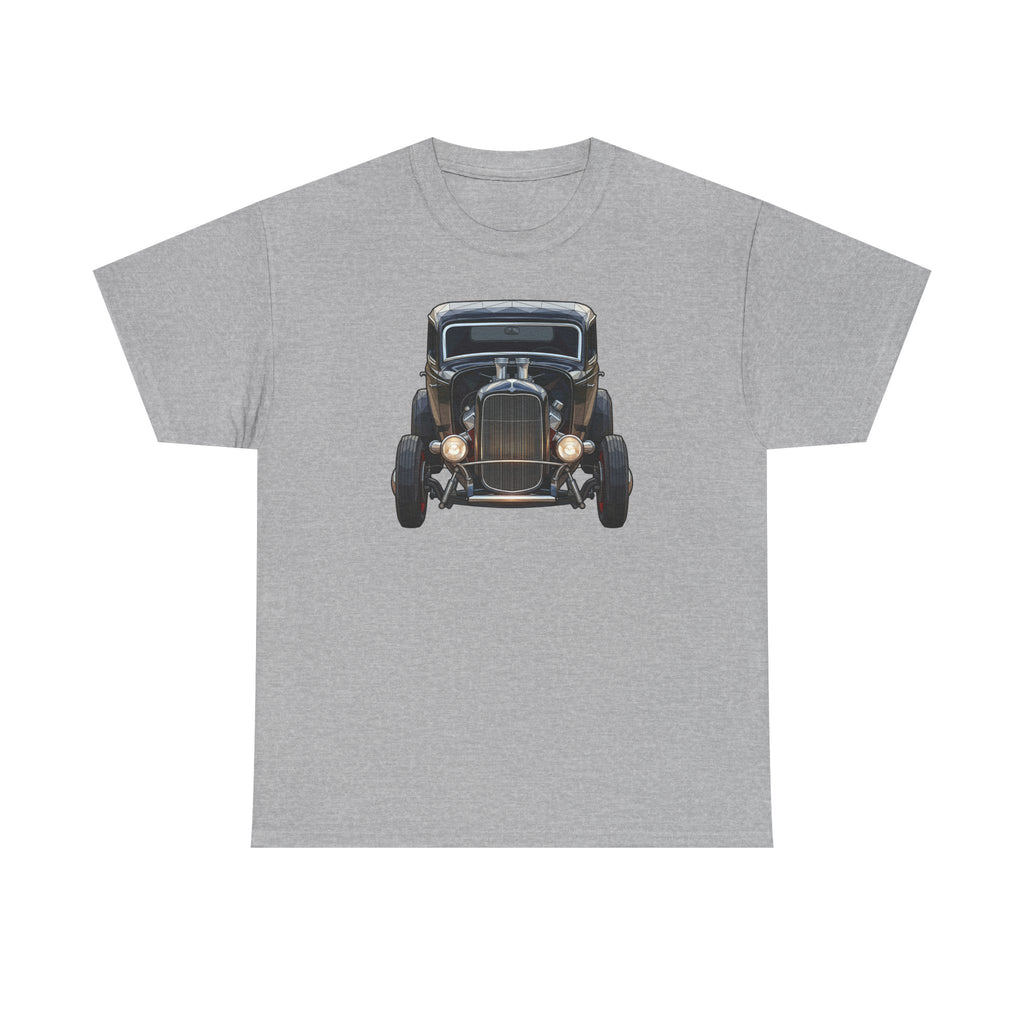 Light gray T-shirt with vintage hot rod car graphic on the chest
