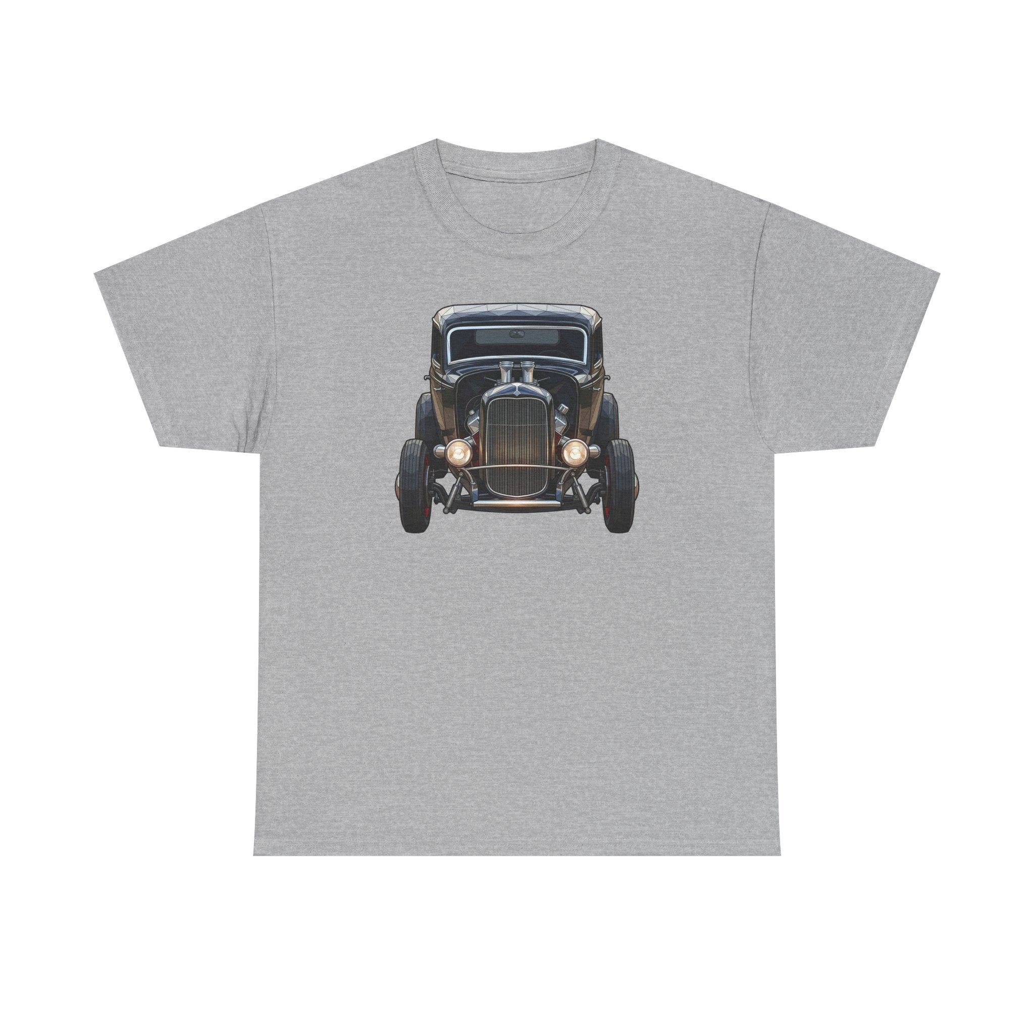 Light gray T-shirt with vintage hot rod car graphic on the chest