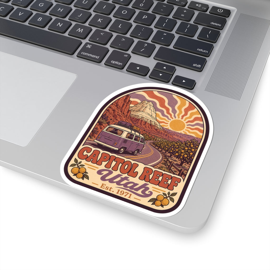 Kiss-cut arch sticker featuring purple camper, orange-red canyon, and Capitol Reef Utah title.