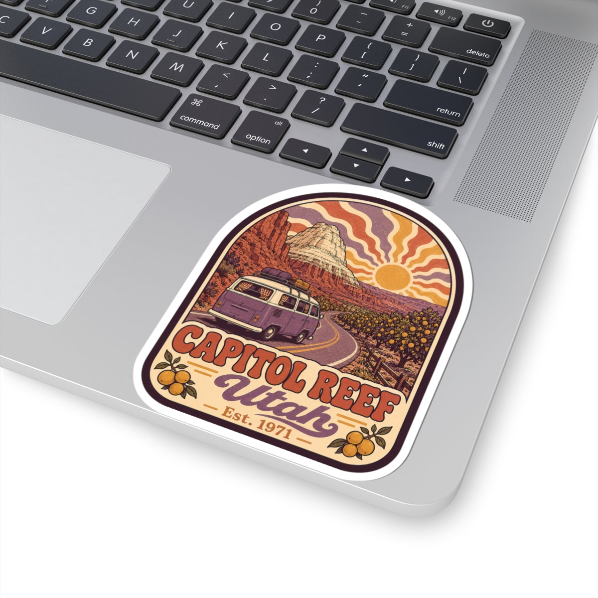 Kiss-cut arch sticker featuring purple camper, orange-red canyon, and Capitol Reef Utah title.