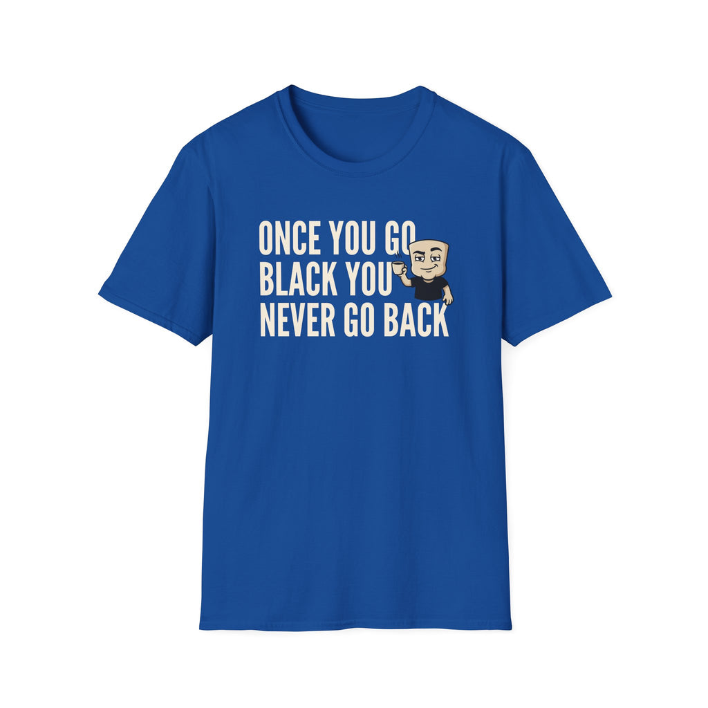 Royal blue T-shirt with coffee mug slogan print