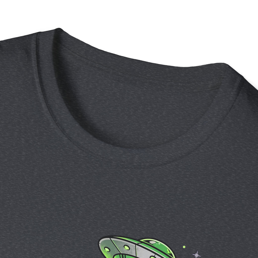 Dark grey crew neck T-shirt, partial view of green UFO graphic