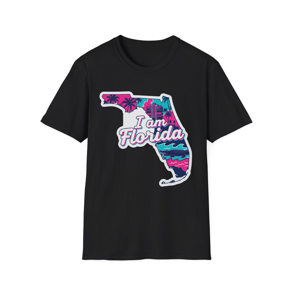 Florida T-Shirt „I am Florida“ Retro-Karte mit Palmen, schwarz