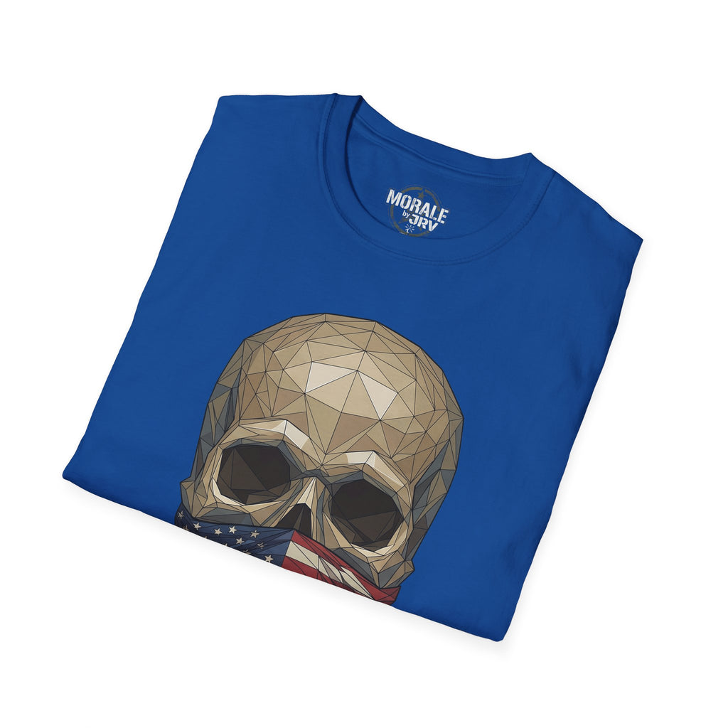 Royal blue tee with geometric skull and American flag bandana graphic on front